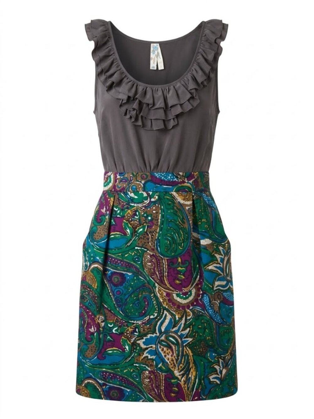 Anthropologie Seaside Fields Gray Bodice Paisley Skirt Pockets Sleeveless Dress